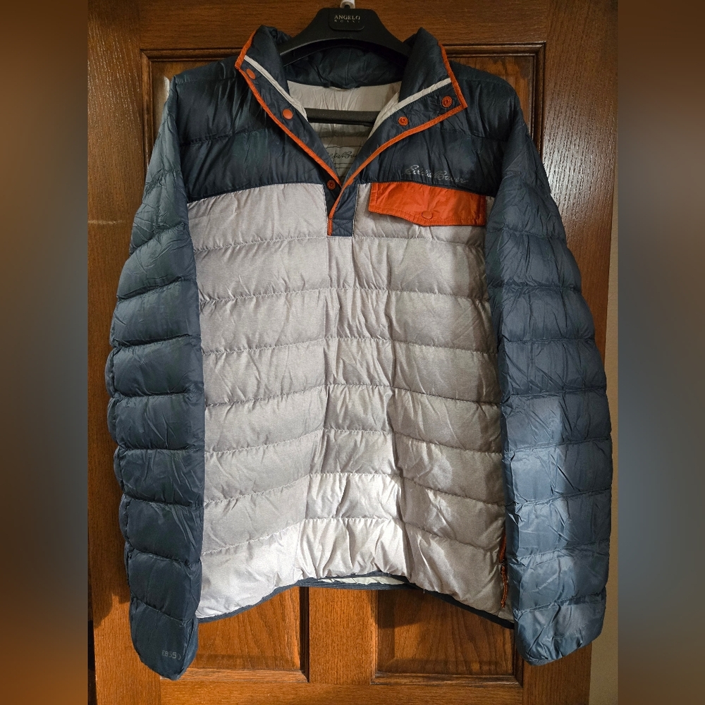 Eddie Bauer Men's Stratuslite Down Snap Mock Pullover Jacket Grey/Orange Sz M